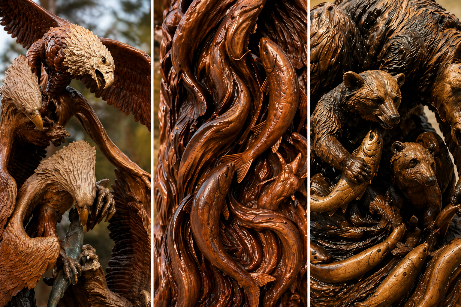 Three detailed wooden carvings shown side‑by‑side: an intricate carving of eagles with wings extended, a central panel featuring swirling salmon, and a third carving depicting bears interacting with salmon.