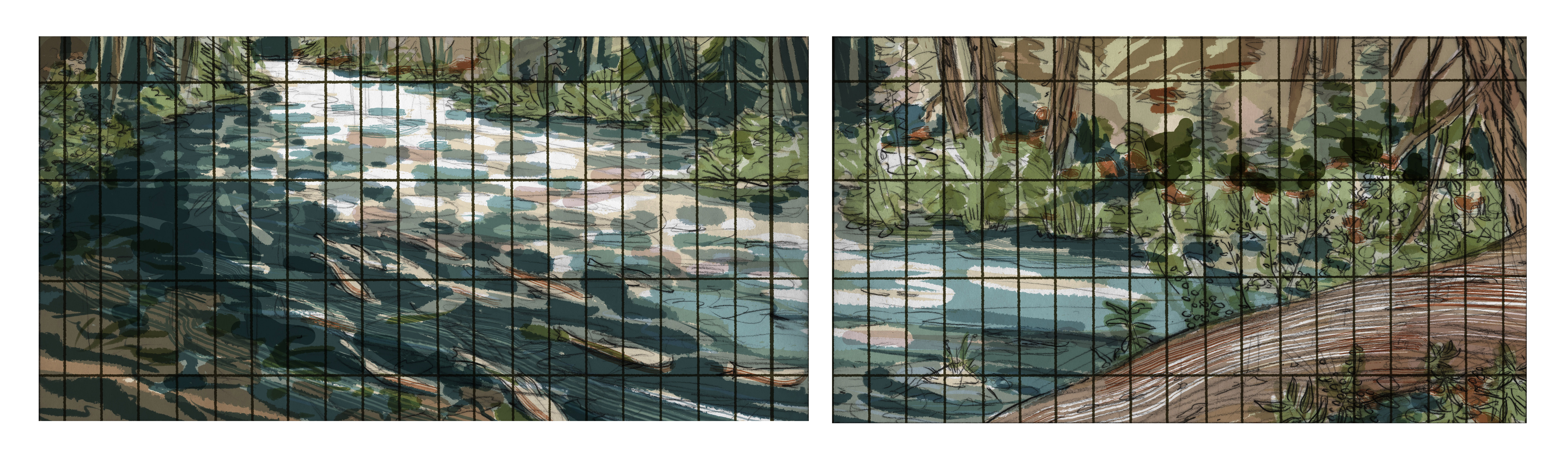 Two large hand‑painted tile murals installed in recessed wall bays, each depicting the Metolius River flowing through a forested landscape.