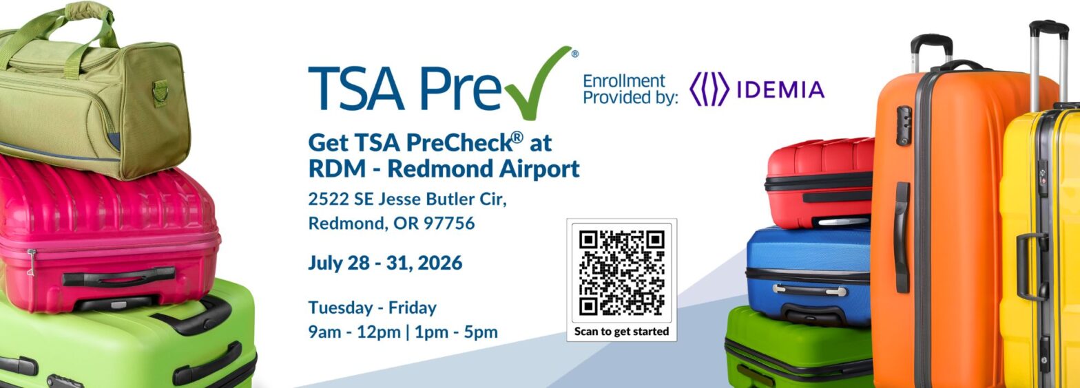 TSA PreCheck event advertisement with colorful luggage and event details for enrollment at Redmond Municipal Airport, including dates, times, location, and a QR code.
