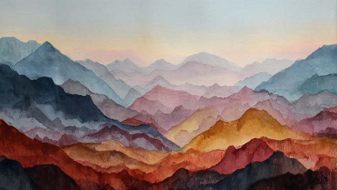 Watercolor painting of layered mountain ridges in soft blues, purples, reds, and golds under a pale sky.