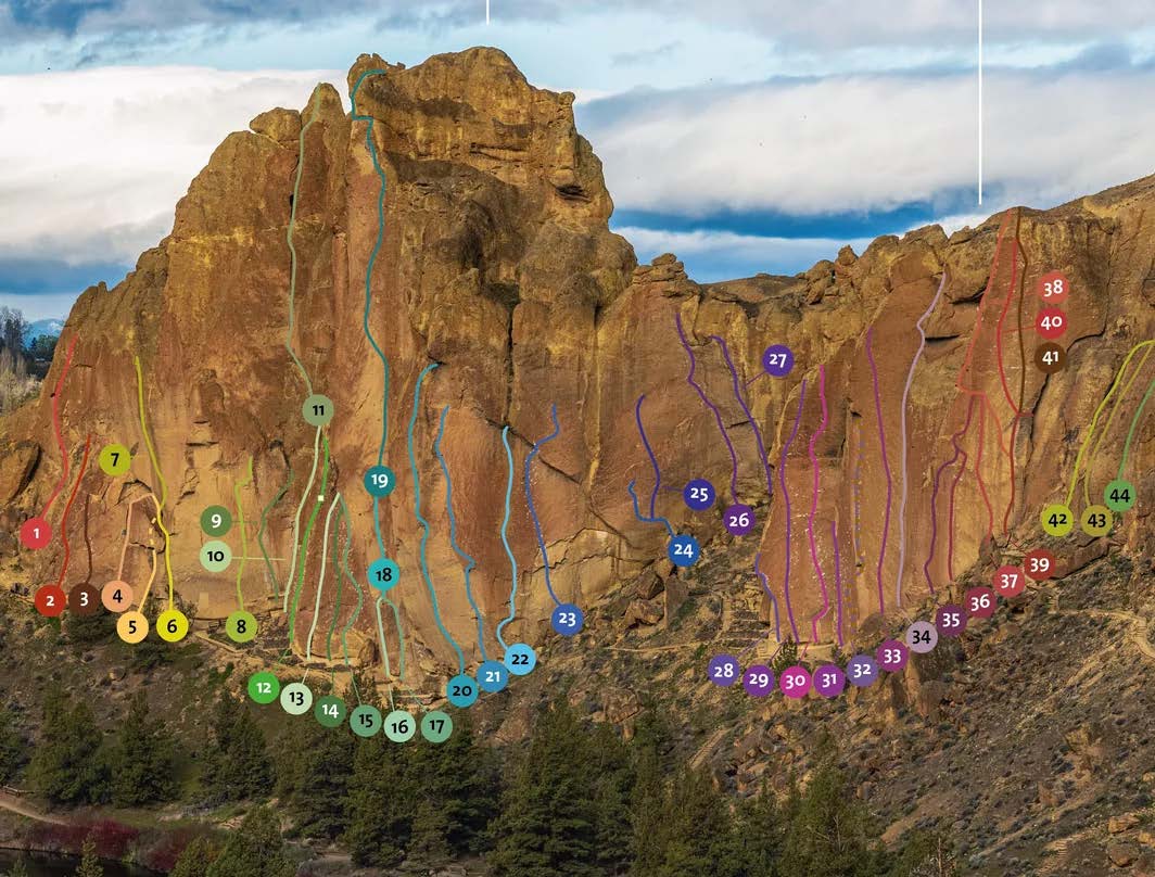 Photograph of Smith Rock showing its cliff faces marked with color‑coded climbing routes numbered along the rock formations.