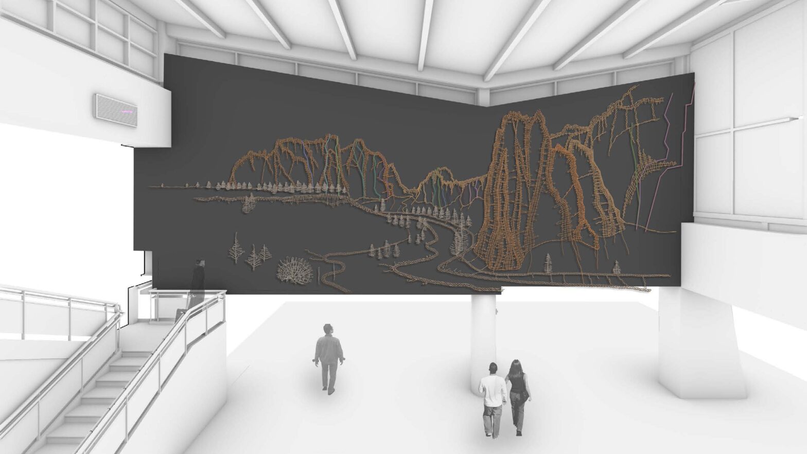 Large wall installation depicting the geological forms of Smith Rock, created from woven natural fibers and repurposed climbing ropes. The artwork spans a dark wall above a terminal walkway and is installed in layered planes to create depth.