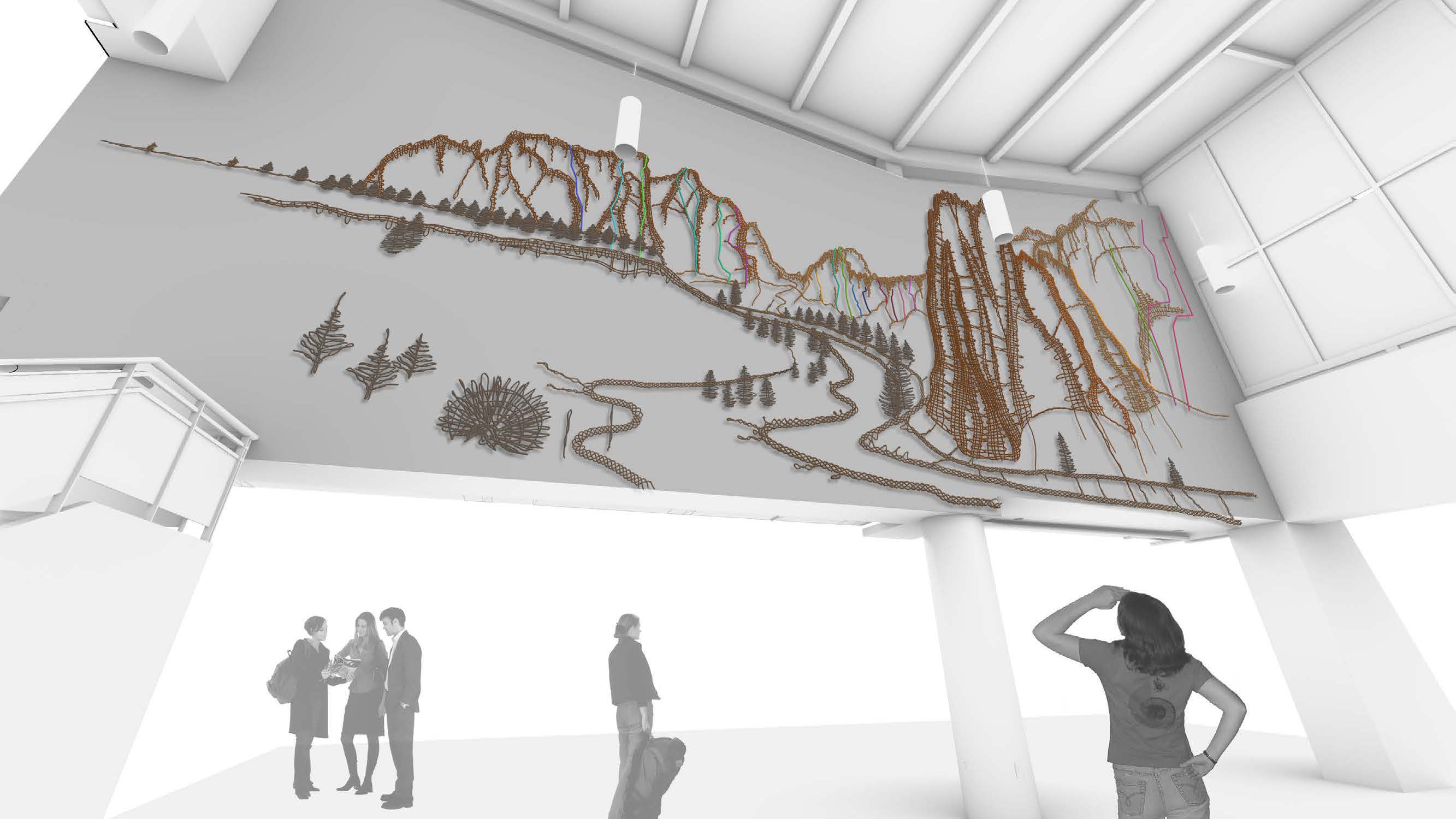 Large woven rope artwork depicting a mountain landscape installed on a tall interior wall of an airport concourse, with travelers walking below.